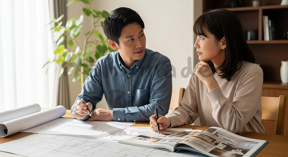 フリー素材 無料 写真|ダイニングで図面とカタログを見ながらリフォーム計画を練る日本人夫婦(表現2)
