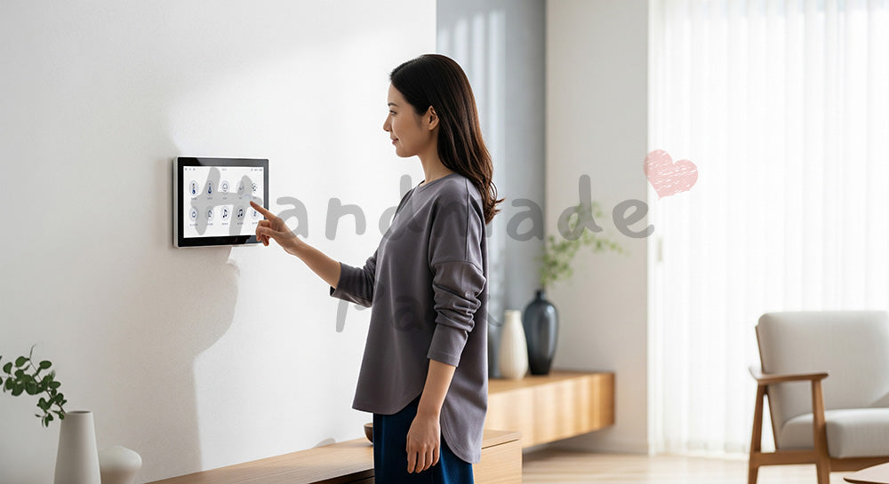 フリー素材 無料 写真|スマートホームパネルで温度と照明を調整する日本人女性(表現3)