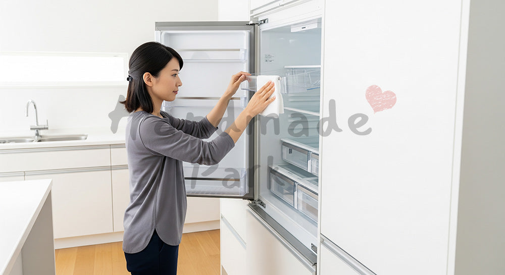 フリー素材 無料 写真|キッチンで冷蔵庫の棚を拭き掃除する日本人女性の暮らし(表現1)