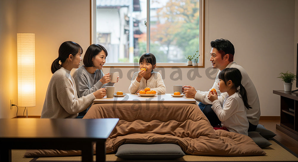フリー素材 無料 写真|こたつで団らんを楽しむ日本人家族の冬リビング(表現2)