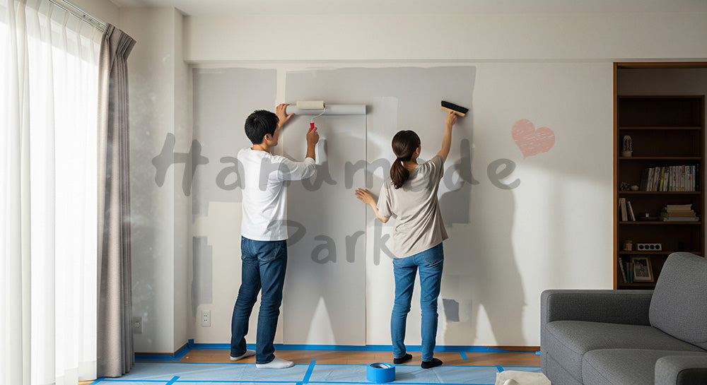 フリー素材 無料 写真|リビングの壁紙をローラーで貼り替える日本人夫婦のDIYリフォーム