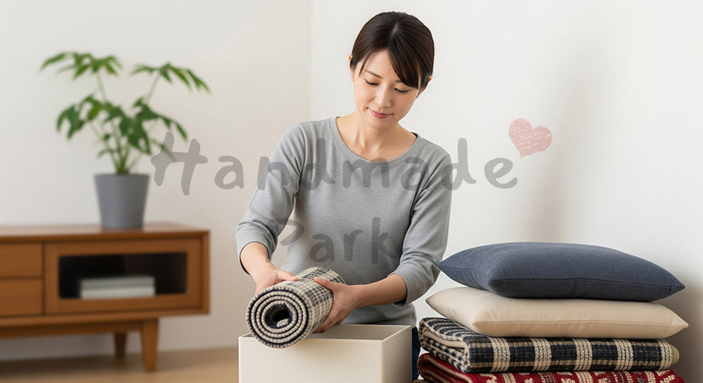 フリー素材 無料 写真|ラグやブランケットを収納ボックスに片づける日本人主婦の季節の衣替え コピースペースあり
