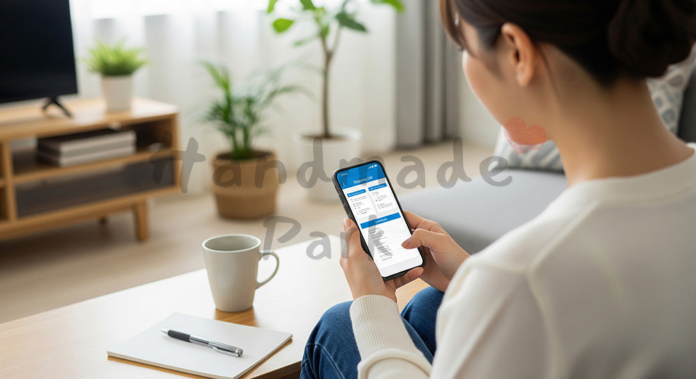 フリー素材 無料 写真|スマホで買い物リストや予定を確認する日本人主婦のリビングシーン(表現3)