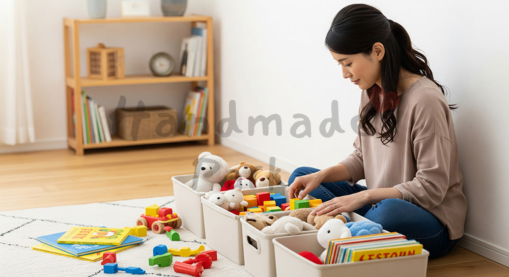 フリー素材 無料 写真|子ども部屋のおもちゃを種類別に片づける日本人主婦の子育てシーン(表現1)