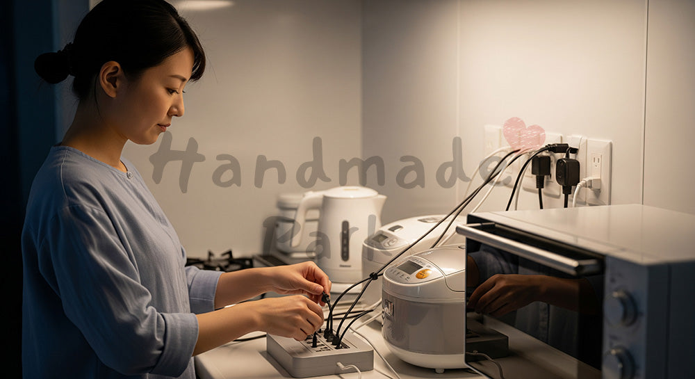 フリー素材 無料 写真|キッチン家電のコードを整理し安全に配線管理する日本人主婦(表現2)