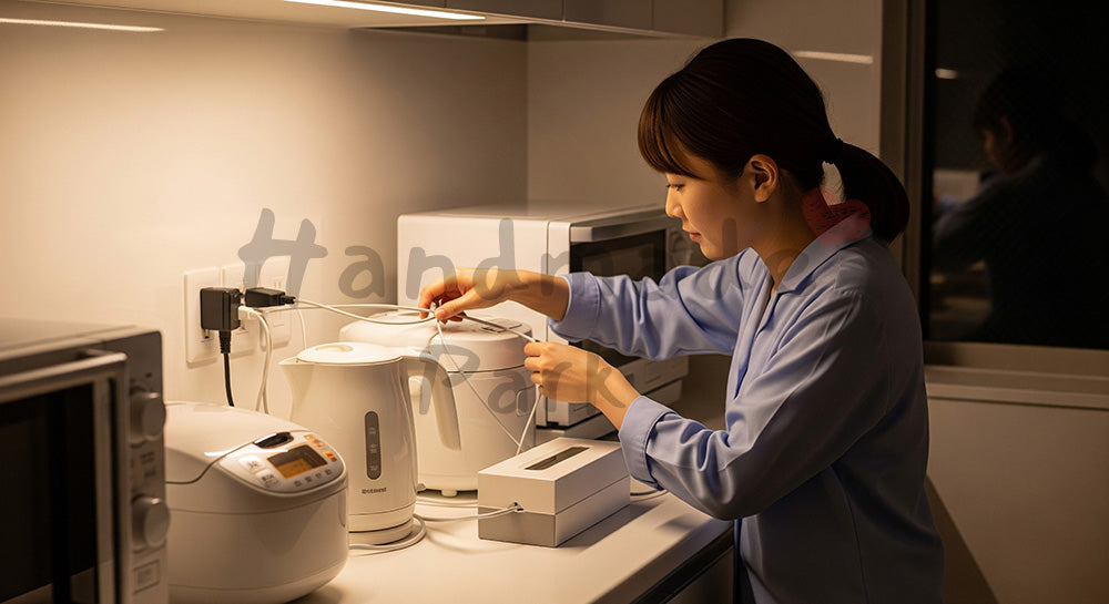 フリー素材 無料 写真|キッチン家電のコードを整理し安全に配線管理する日本人主婦(表現1)