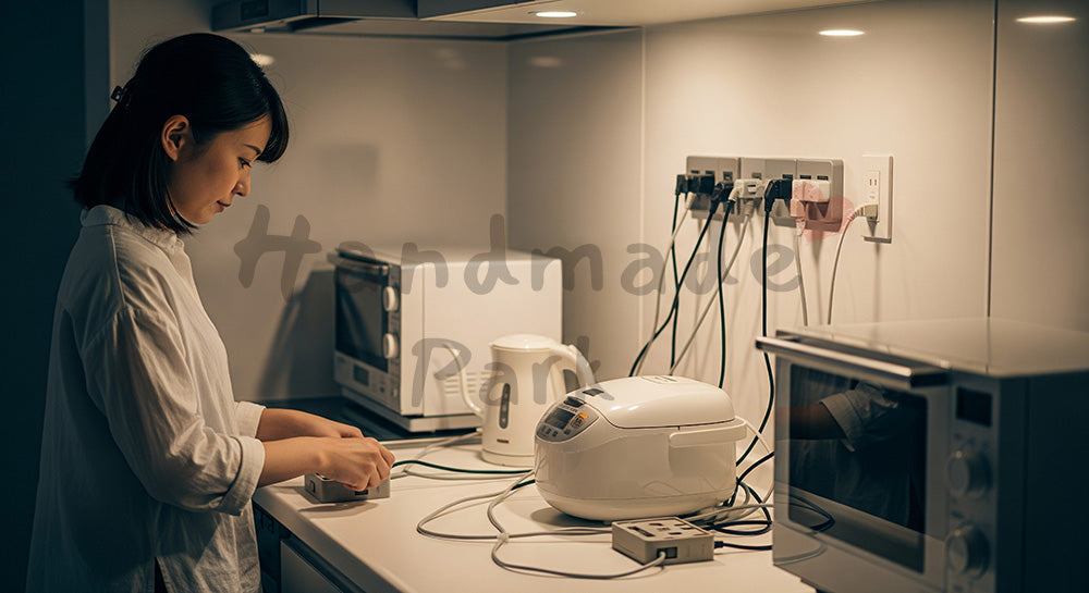 フリー素材 無料 写真|キッチン家電のコードを整理し安全に配線管理する日本人主婦 コピースペースあり