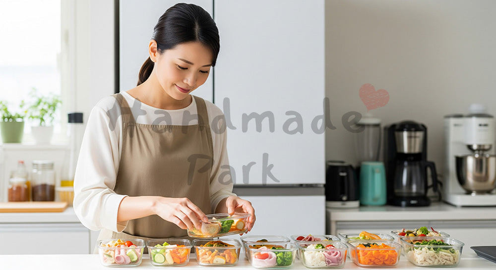フリー素材 無料 写真|ガラス保存容器に作り置きおかずを詰める日本人主婦の時短家事シーン(表現3)