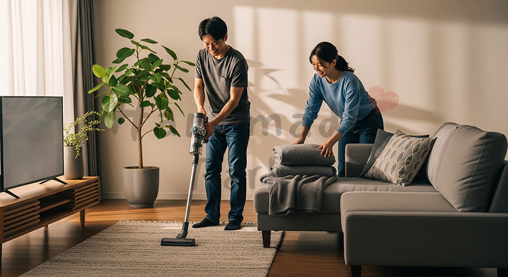 フリー素材 無料 写真|夕方のリビングで夫婦が一緒に片づけと掃除をする日本人家庭の家事シェアシーン(表現2)