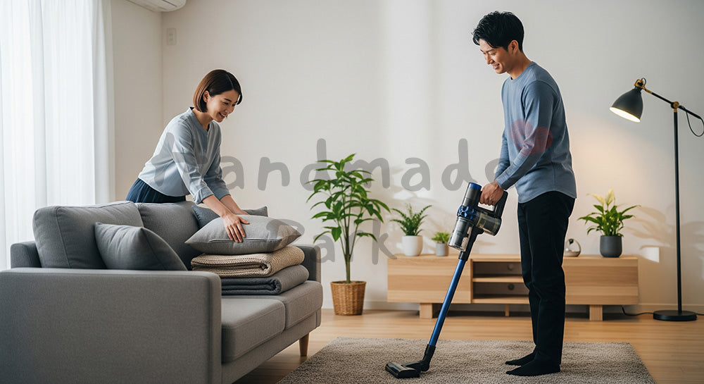 フリー素材 無料 写真|夕方のリビングで夫婦が一緒に片づけと掃除をする日本人家庭の家事シェアシーン(表現1)