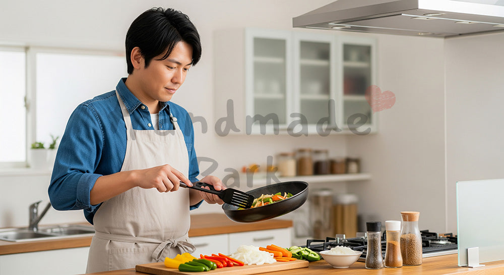 フリー素材 無料 写真|エプロン姿の日本人夫が夕食づくりをする共働き家庭のキッチンシーン(表現2)