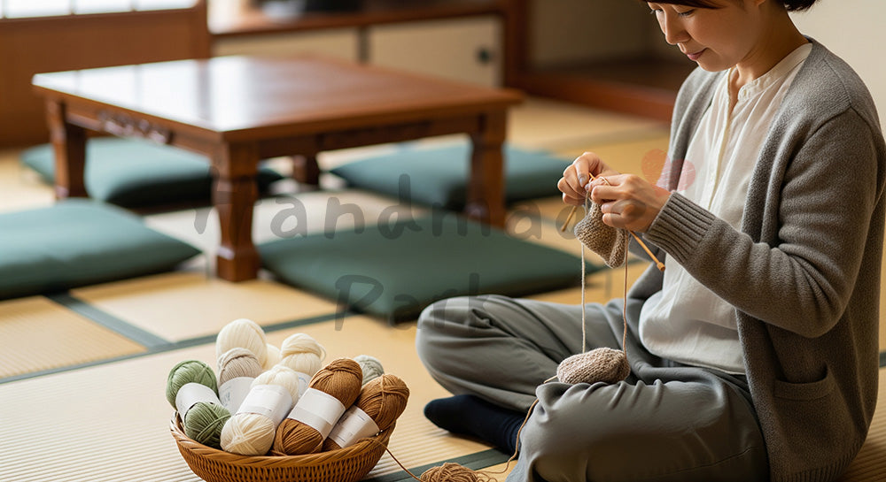 フリー素材 無料 写真|床に座って毛糸小物を編む日本人主婦のハンドメイド時間(表現7)