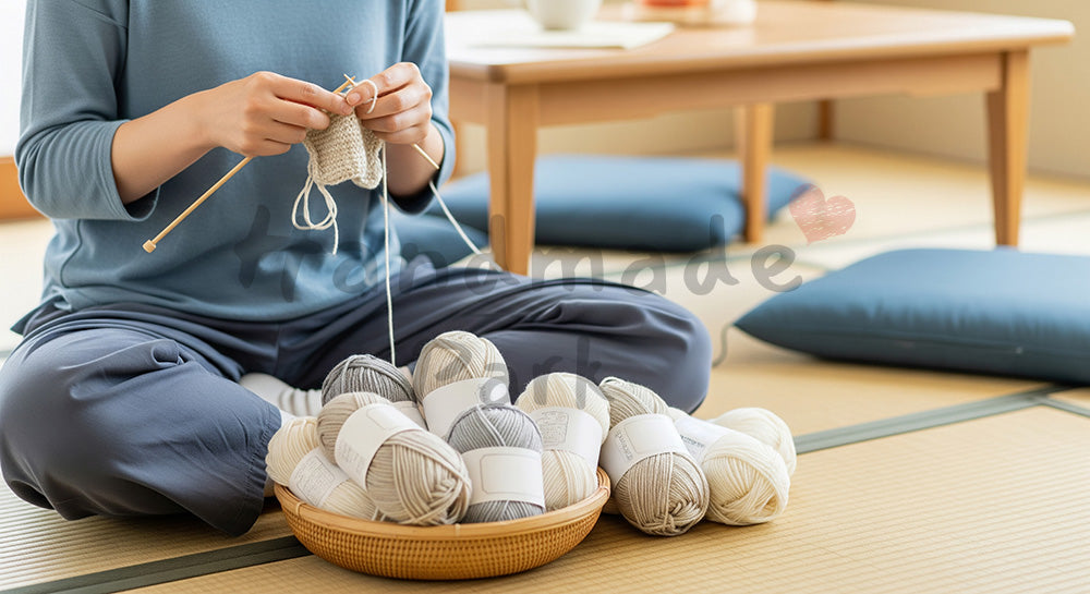 フリー素材 無料 写真|床に座って毛糸小物を編む日本人主婦のハンドメイド時間(表現6)