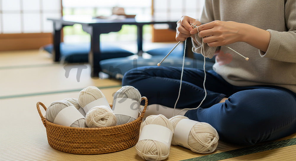 フリー素材 無料 写真|床に座って毛糸小物を編む日本人主婦のハンドメイド時間(表現5)