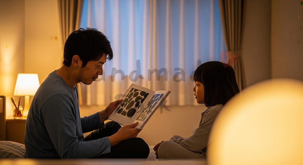 フリー素材 無料 写真|寝る前に子どもへ絵本を読み聞かせる日本人父親の親子時間(表現2)