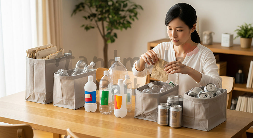 フリー素材 無料 写真|ダイニングテーブルでごみ分別をする日本人主婦のエコライフシーン コピースペースあり