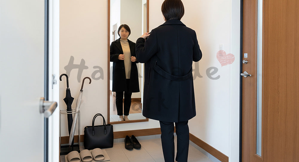 フリー素材 無料 写真|玄関の鏡でコート姿をチェックする日本人主婦の外出前シーン(表現3)