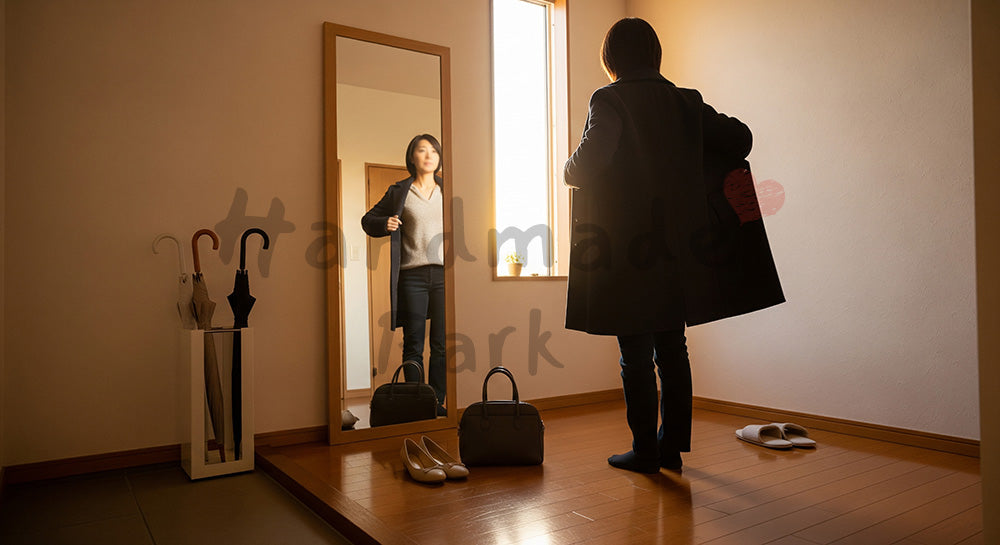 フリー素材 無料 写真|玄関の鏡でコート姿をチェックする日本人主婦の外出前シーン(表現2)