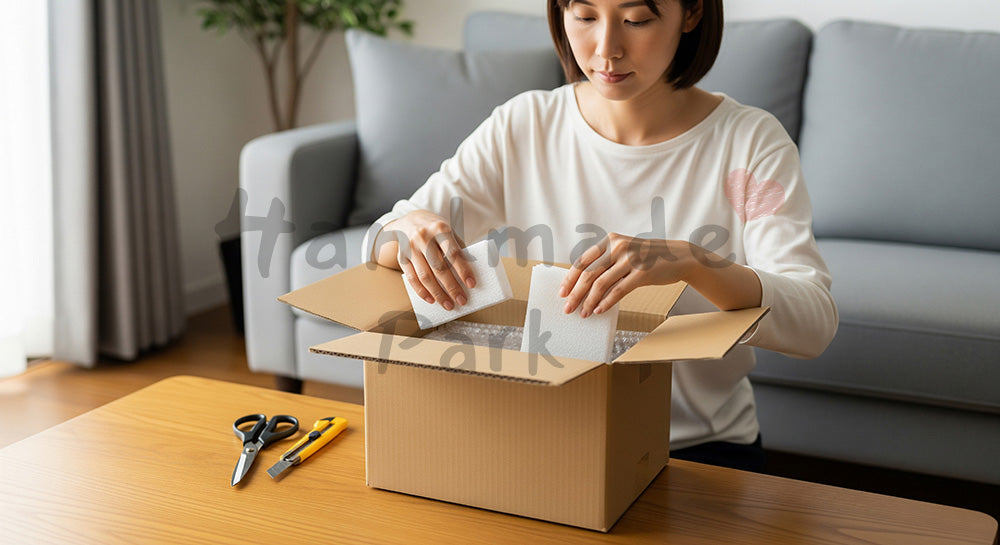フリー素材 無料 写真|宅配段ボールを開封してオンライン購入品を取り出す日本人主婦のリビングシーン(表現2)