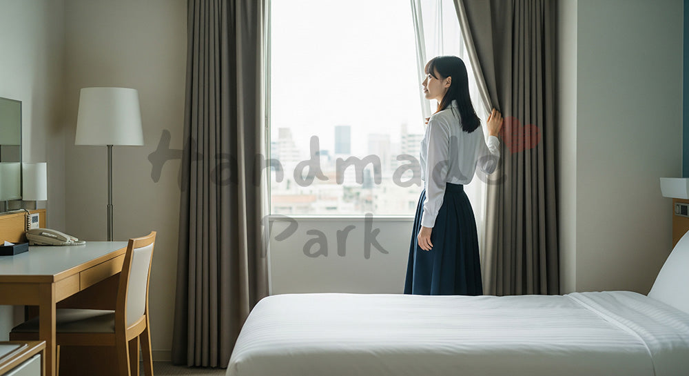 フリー素材 無料 写真|ビジネスホテル風の客室で朝カーテンを開ける日本人女性の出張・旅行シーン 背景素材