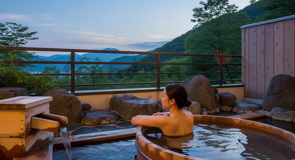 フリー素材 無料 写真|露天風呂に浸かり山並みを眺める日本人女性の温泉リラックスシーン 余白あり