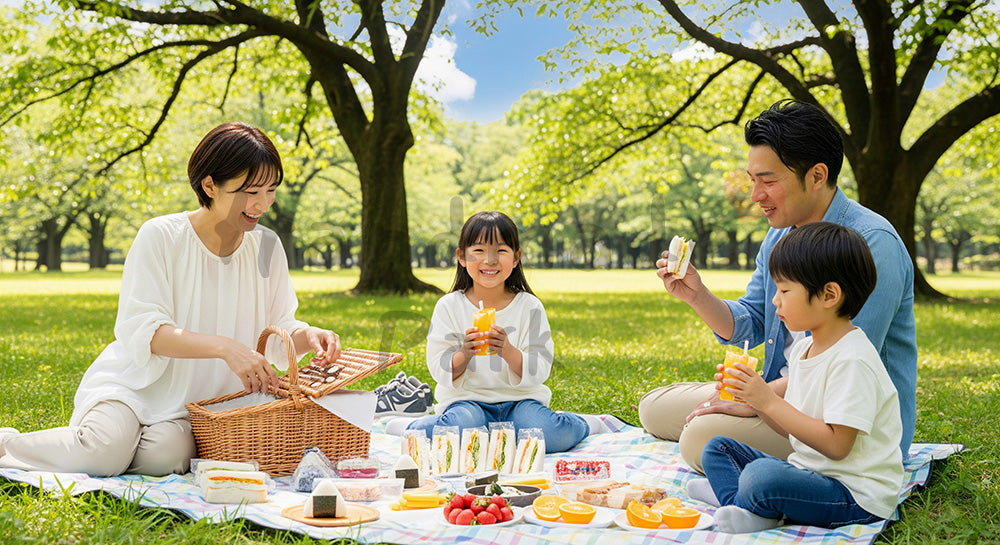 フリー素材 無料 写真|公園の芝生でピクニックを楽しむ日本人家族のレジャーシーン 余白あり