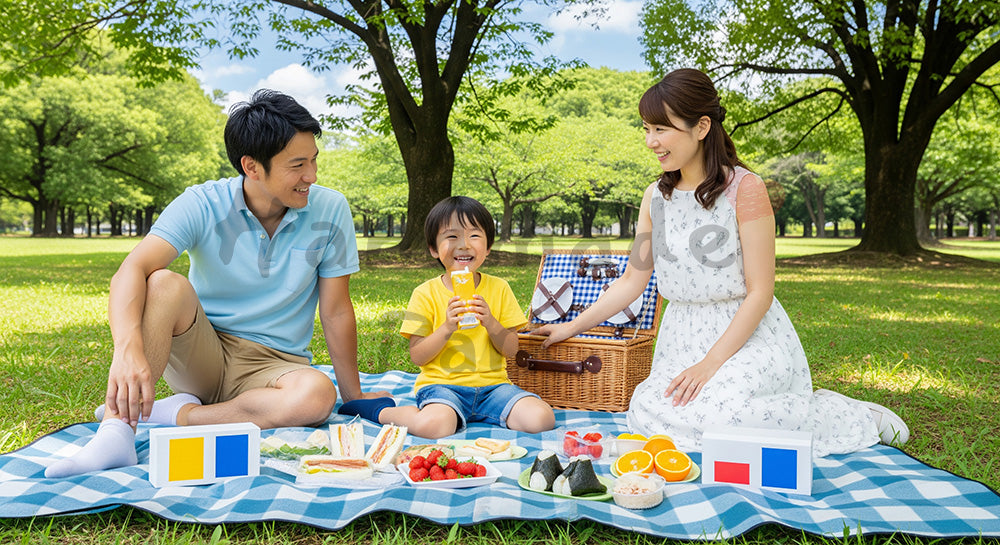 フリー素材 無料 写真|公園の芝生でピクニックを楽しむ日本人家族のレジャーシーン 写真背景