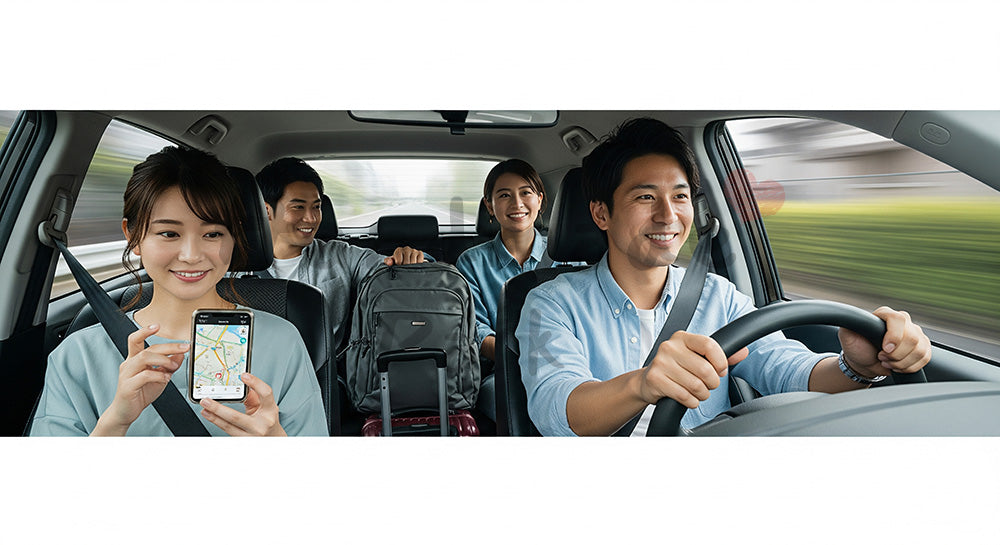 フリー素材 無料 写真|友人グループが車でドライブ旅行に出発する日本人若者の車内シーン 余白あり