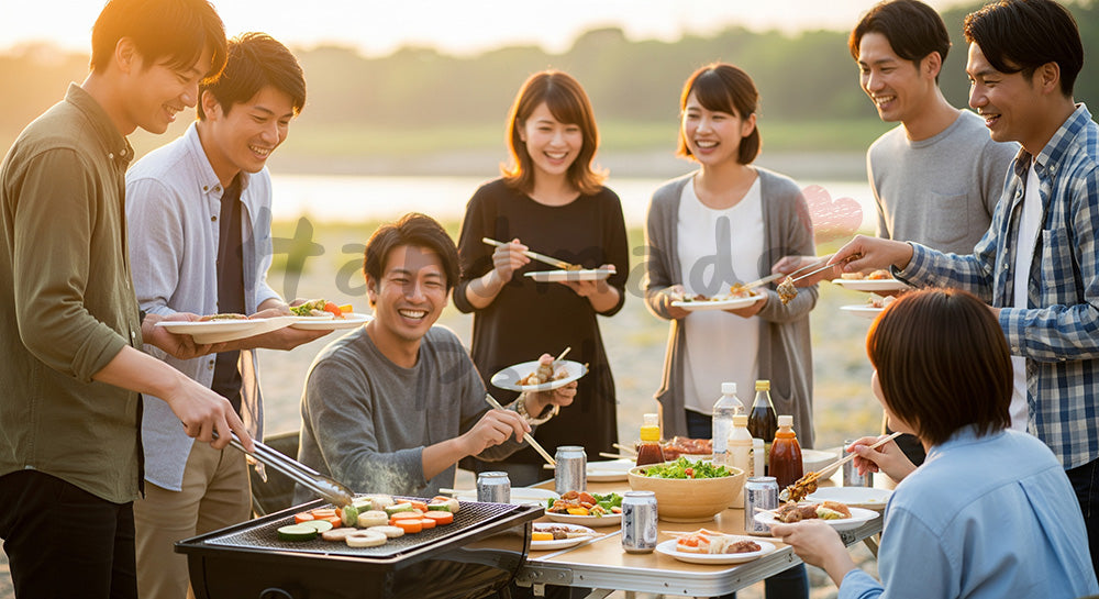フリー素材 無料 写真|河川敷でBBQを楽しむ日本人友人グループのアウトドアレジャーシーン 余白あり