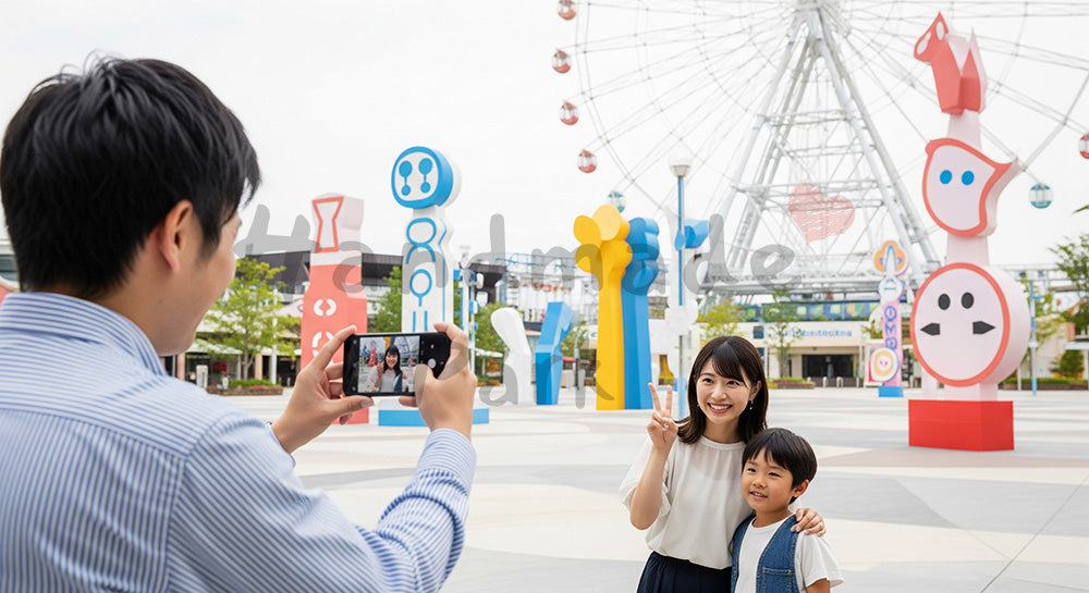 フリー素材 無料 写真|遊園地風の広場で写真撮影を楽しむ日本人家族のテーマパークレジャーシーン コピースペースあり