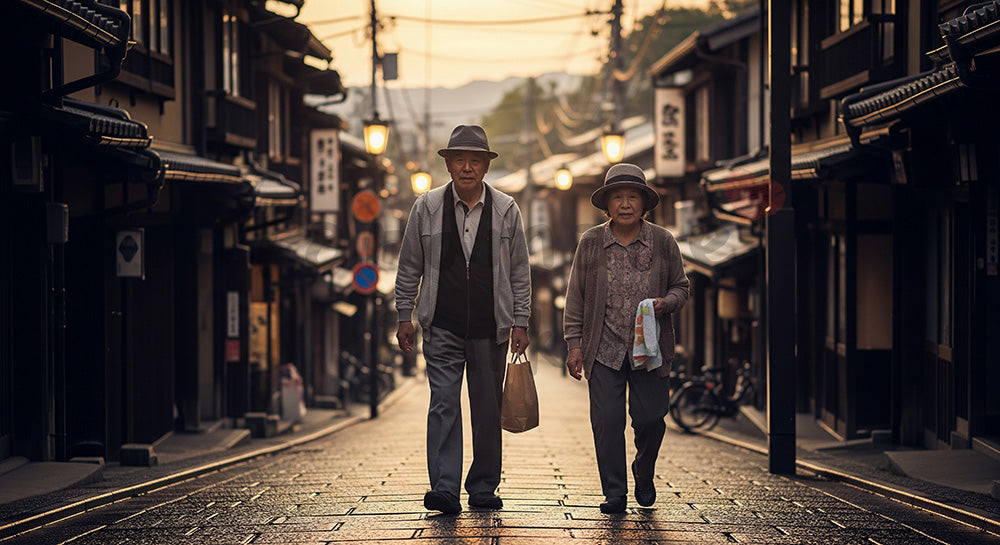 フリー素材 無料 写真|温泉街の石畳をゆっくり散歩する日本人シニア夫婦の温泉旅行シーン(表現3)
