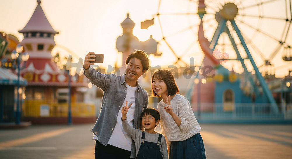 フリー素材 無料 写真|遊園地風の広場で写真撮影を楽しむ日本人家族のテーマパークレジャーシーン 余白あり