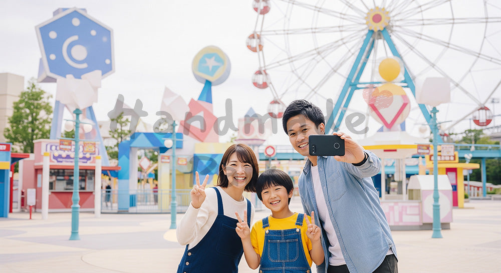 フリー素材 無料 写真|遊園地風の広場で写真撮影を楽しむ日本人家族のテーマパークレジャーシーン 背景素材