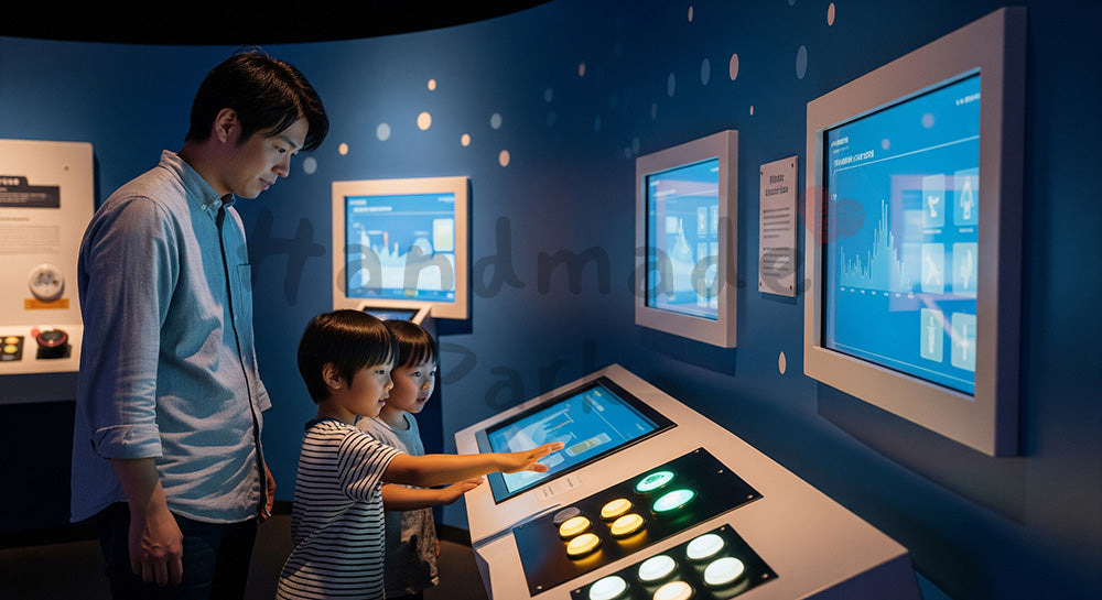 フリー素材 無料 写真|科学館のインタラクティブ展示を親子で体験する日本人家族の学びレジャーシーン 背景素材