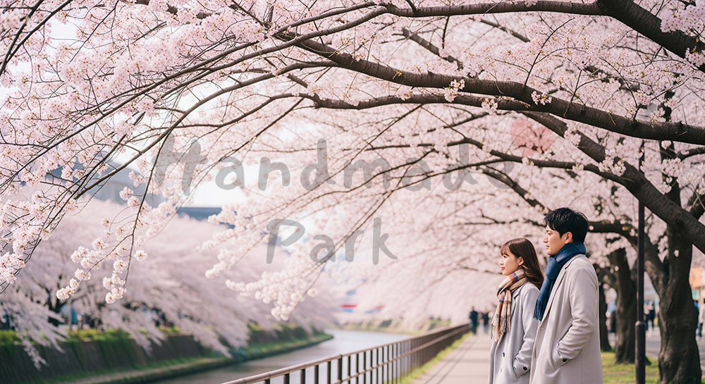 フリー素材 無料 写真|桜並木の下を散歩する日本人カップルの春の花見・お花見デートシーン 余白あり