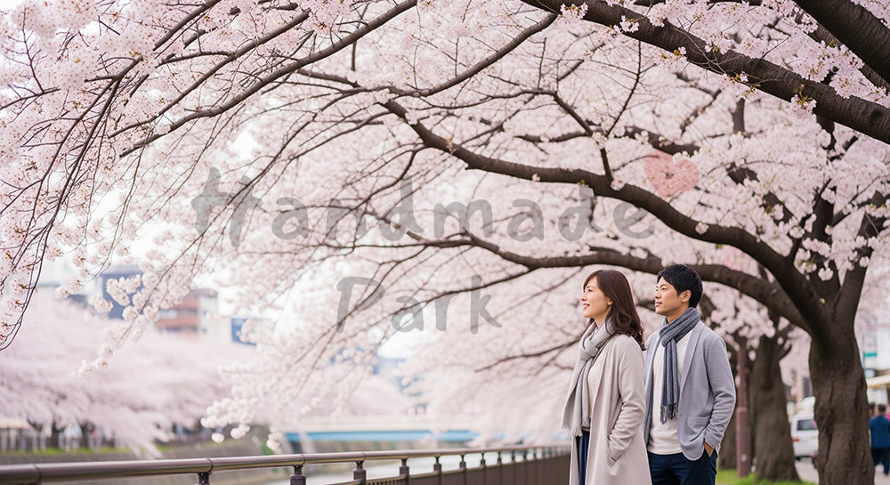 フリー素材 無料 写真|桜並木の下を散歩する日本人カップルの春の花見・お花見デートシーン 背景素材