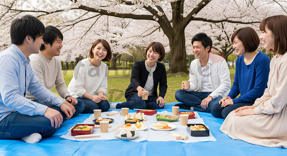 フリー素材 無料 写真|桜の木の下でブルーシートを広げ花見を楽しむ日本人友人グループ 写真背景