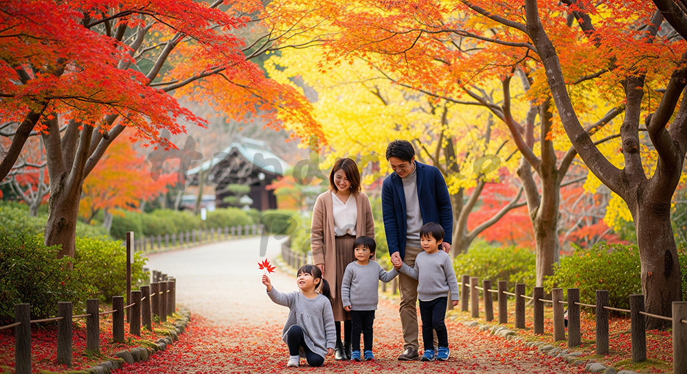 フリー素材 無料 写真|紅葉の公園を家族で散策する日本人家族の秋の観光シーン 背景素材