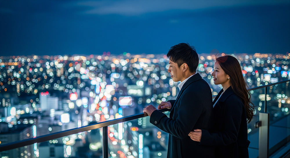 フリー素材 無料 写真|高層ビルの屋上テラスから夜景を眺める日本人カップルのシティレジャーシーン 写真背景