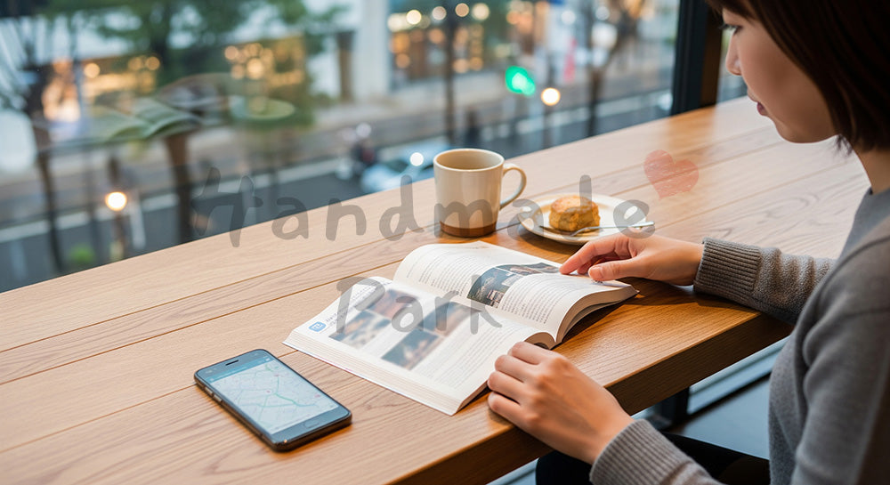 フリー素材 無料 写真|旅先カフェでガイドブックとスマホを見ながら次の目的地を考える日本人女性