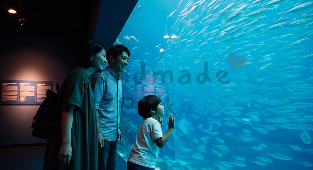 フリー素材 無料 写真|大きな水槽の前で魚を見上げる日本人家族の水族館レジャーシーン 余白あり