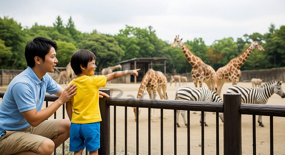 フリー素材 無料 写真|動物園でキリン風の動物を眺める日本人親子のファミリーレジャーシーン 余白あり
