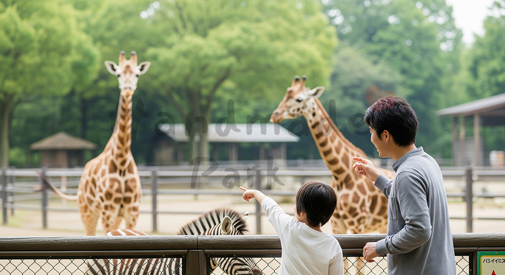 フリー素材 無料 写真|動物園でキリン風の動物を眺める日本人親子のファミリーレジャーシーン
