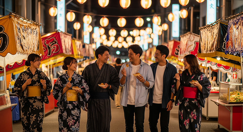フリー素材 無料 写真|夜の屋台通りで夏祭り風の雰囲気を楽しむ日本人友人グループ 余白あり