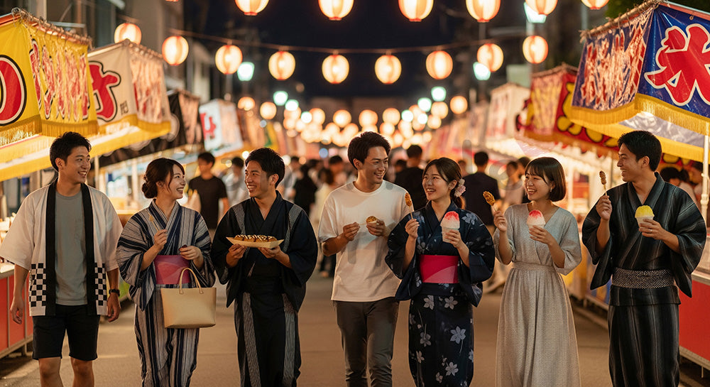 フリー素材 無料 写真|夜の屋台通りで夏祭り風の雰囲気を楽しむ日本人友人グループ 写真背景