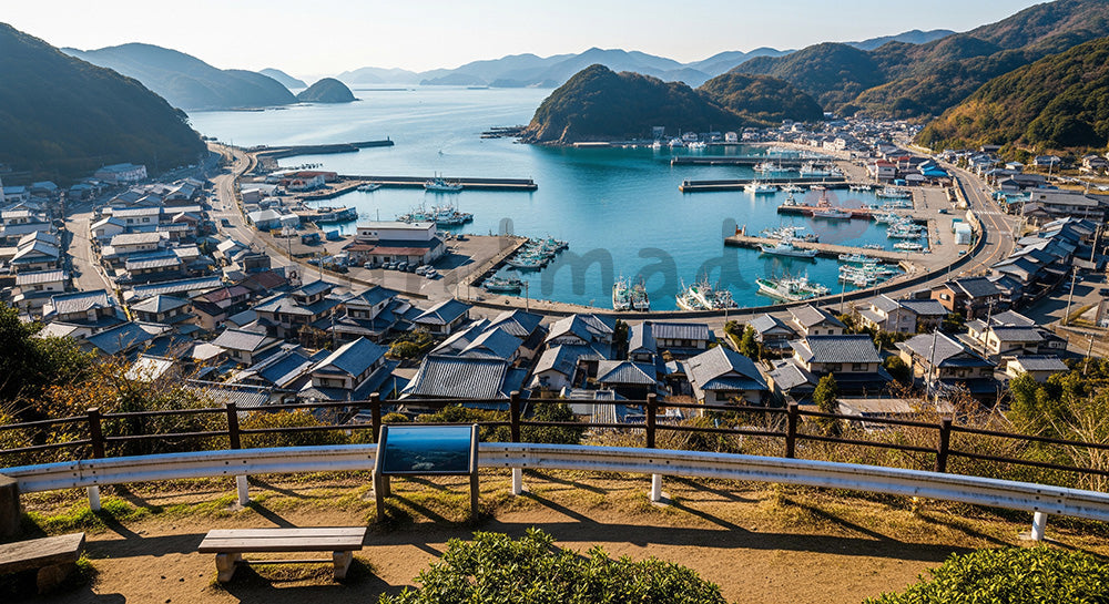 フリー素材 無料 写真|高台から見下ろす日本の海沿いの港町風景(人物なし)