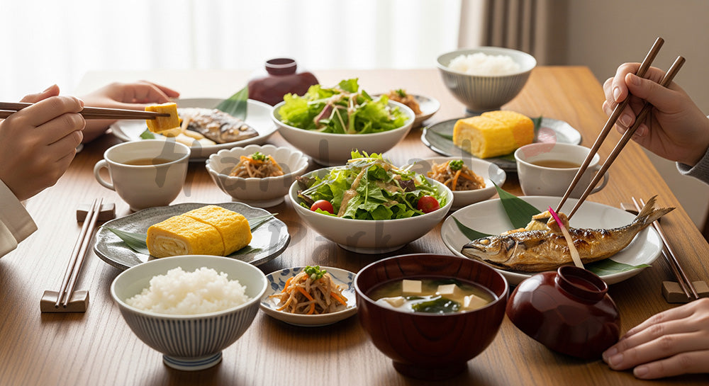 フリー素材 無料 写真|木目テーブルに和朝食が並ぶ日本人家族の健康的な朝ごはんシーン(表現7)