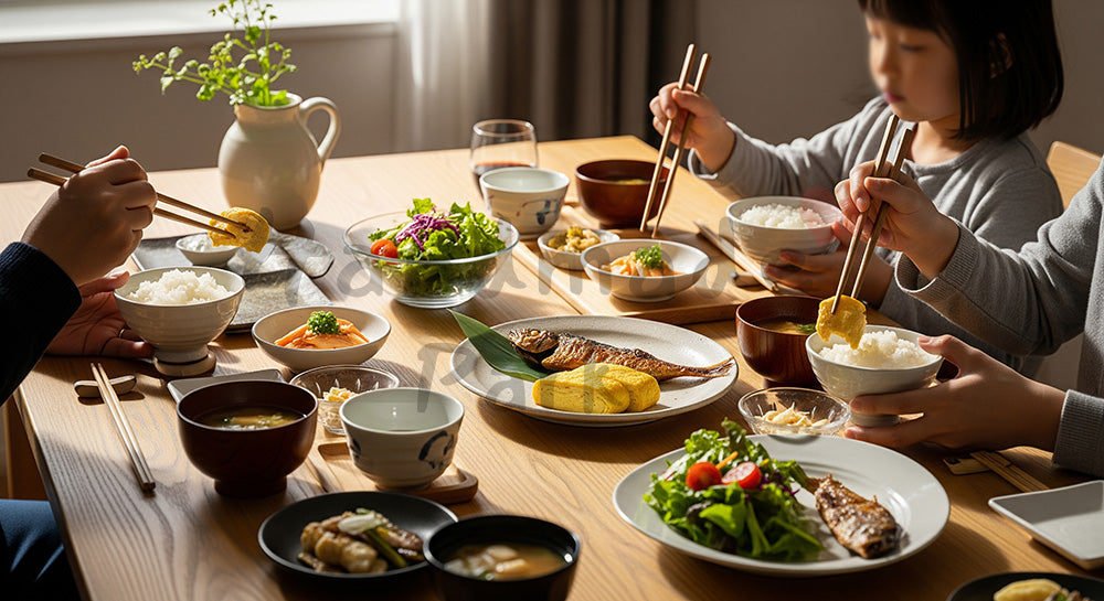 フリー素材 無料 写真|木目テーブルに和朝食が並ぶ日本人家族の健康的な朝ごはんシーン(表現2)