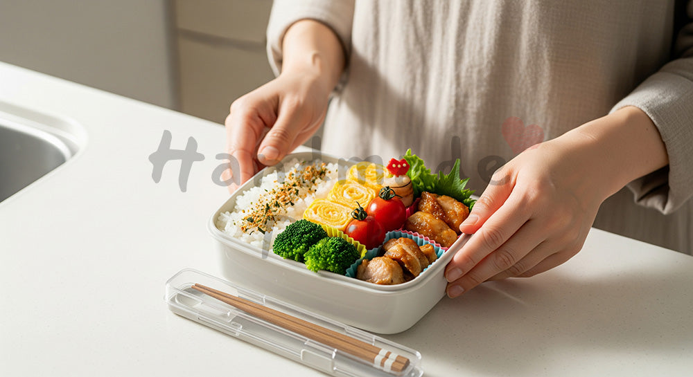 フリー素材 無料 写真|高校生の子どものために彩りの良いお弁当を詰める日本人母親の手元シーン(表現3)