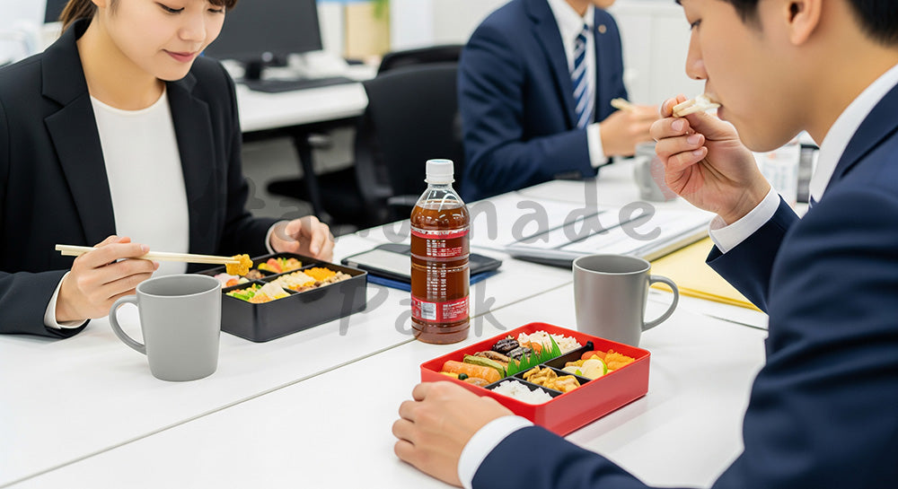 フリー素材 無料 写真|オフィスのデスクでお弁当ランチを楽しむ日本人ビジネスパーソン(表現9)